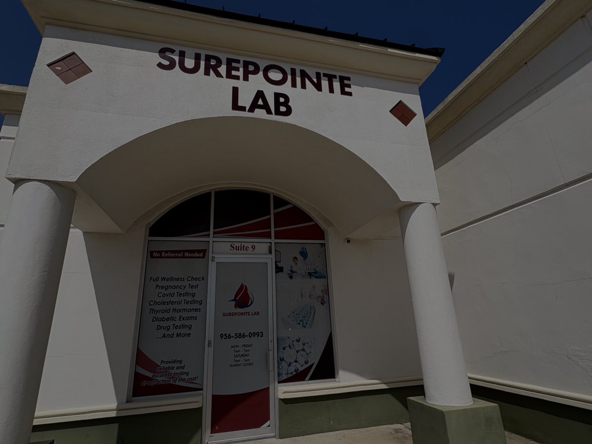 Storefront entrance of Surepointe Lab at Suite 9, 1002 W Sam Houston Blvd in Pharr, Texas