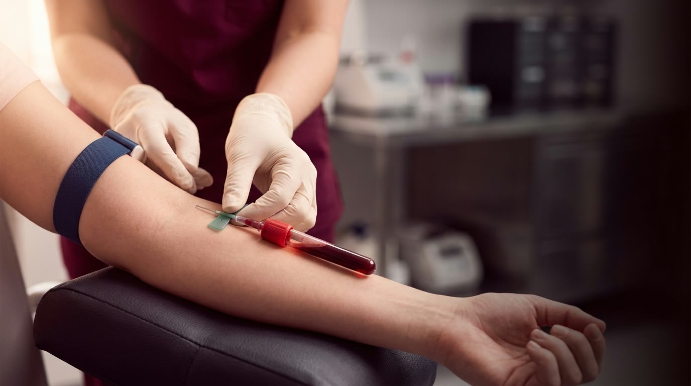 Gloved phlebotomist drawing a blood sample into a collection tube