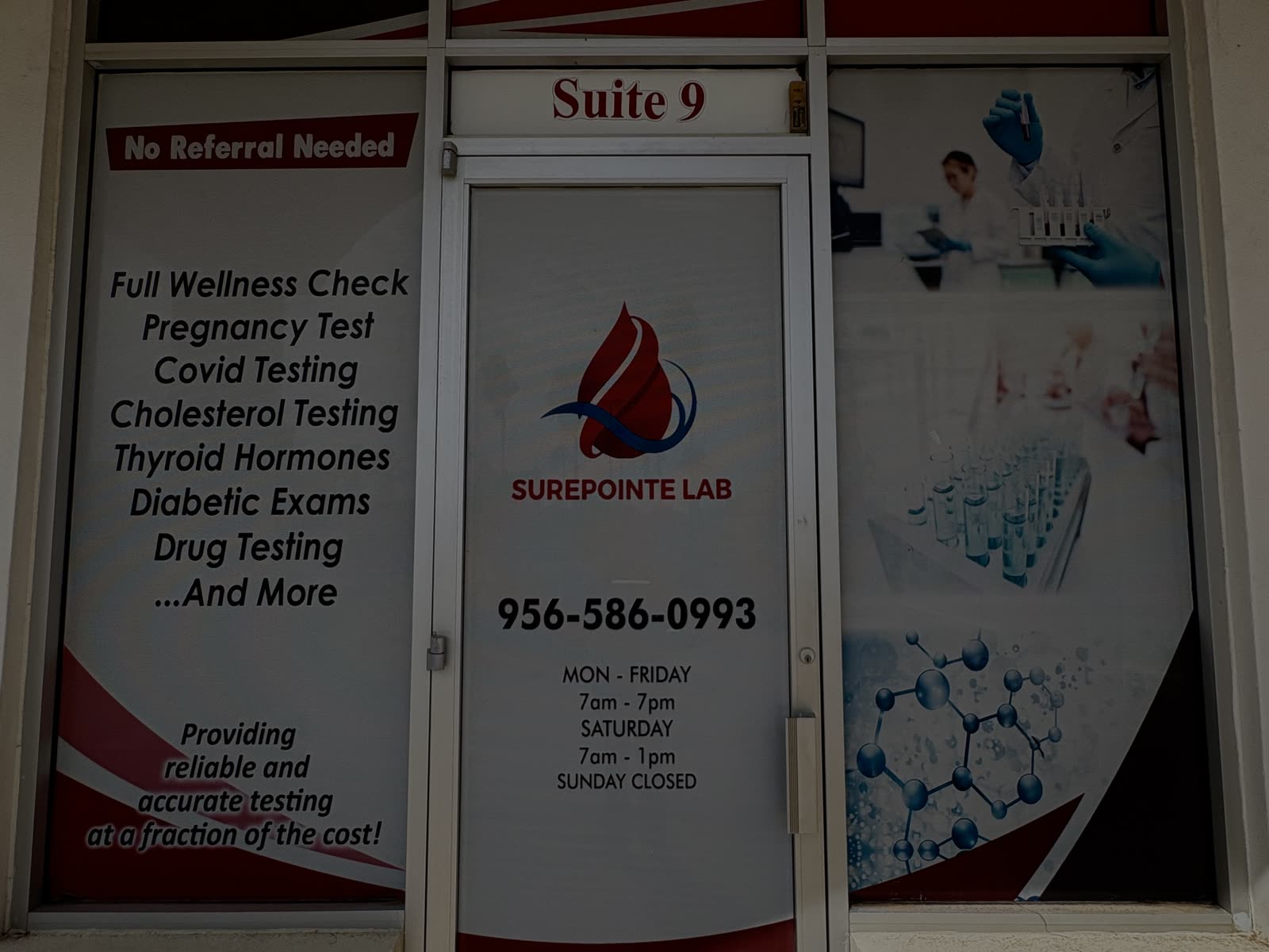 Storefront entrance and service window at Surepointe Lab, Suite 9 in Pharr, Texas